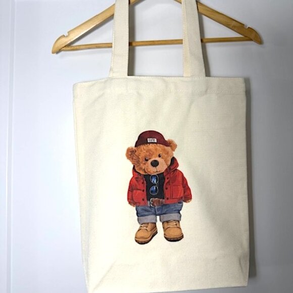 NWOT - Cute Teddy Bear in Red Jacket Canvas Tote Bag - Picture 2 of 4